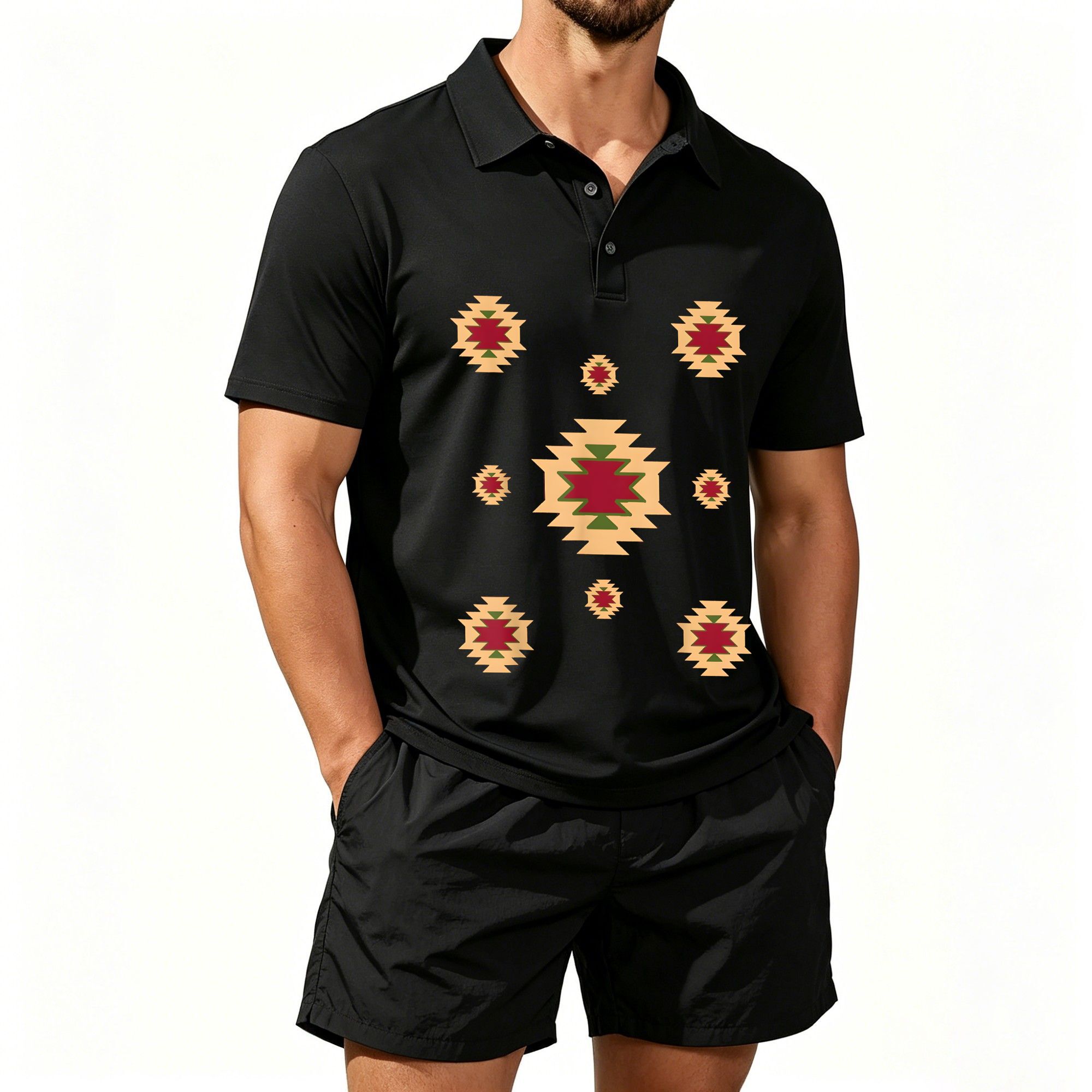 Ethnic Style - Setelan Kaos Polo Lengan Pendek Pria,