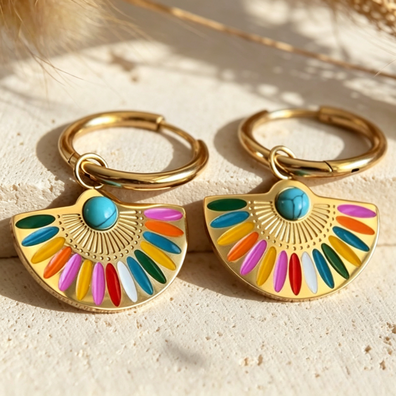 Ethnic Chic Fashion - Anting Liontin Kipas Enamel Imitasi Berwarna