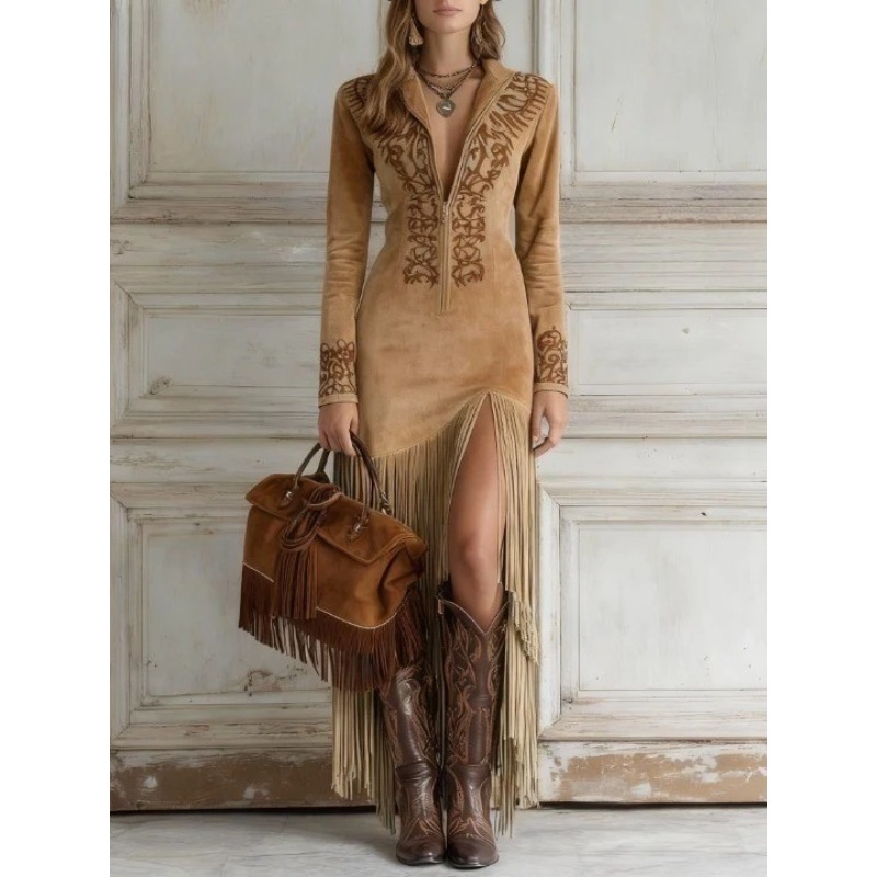 Gaun Musim Gugur Wanita Retro  - Ethnic Chic Fashion ulasan dan harga